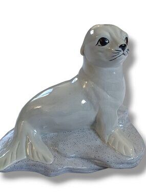 Seal Figurine Porcelain Ceramic Glazed Ocean Arctic Animals White Blue Gray